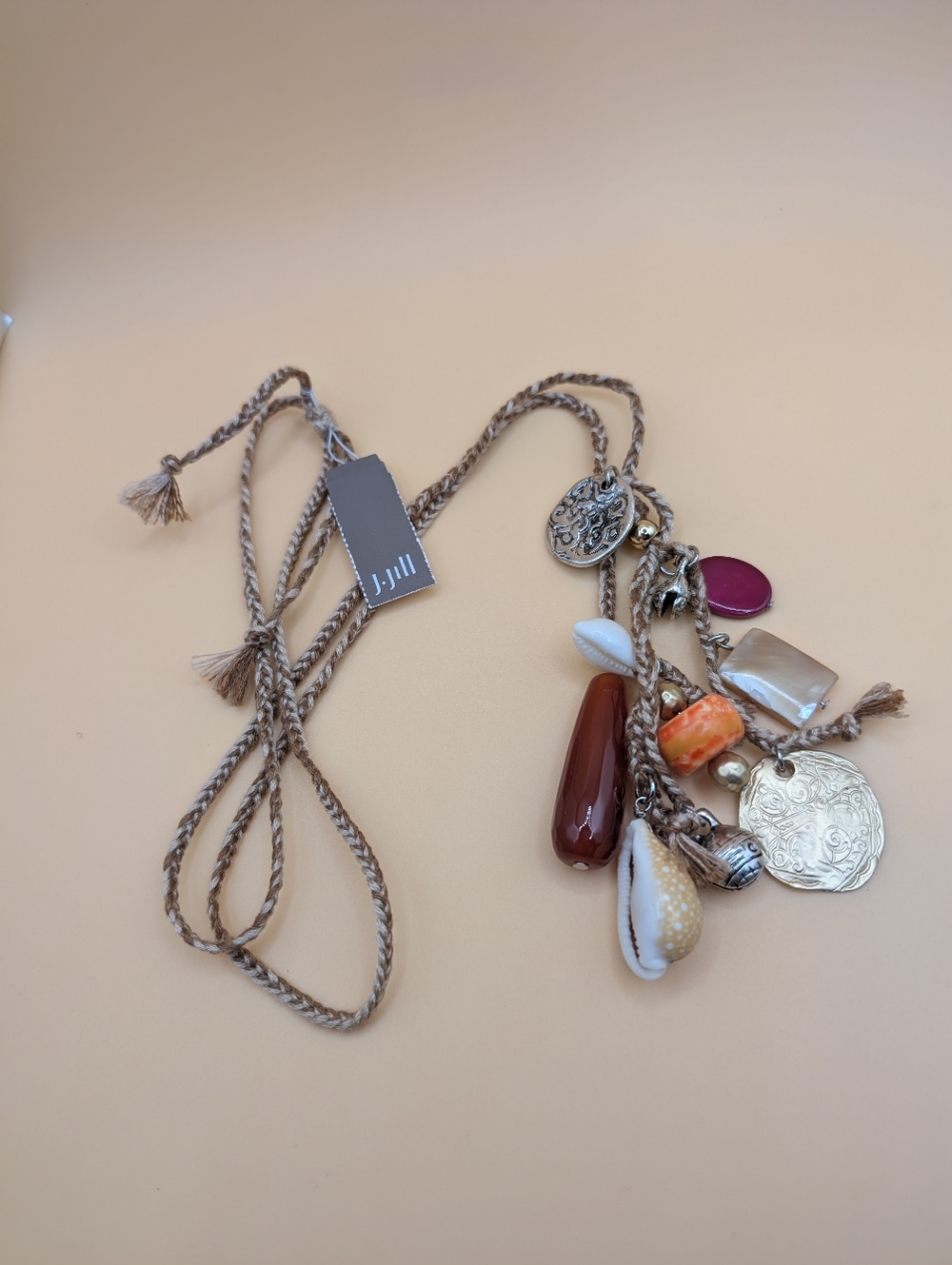 J. Jill Boho Charm Necklace Shells Coin Stones Braided Adjustable Cord NWT